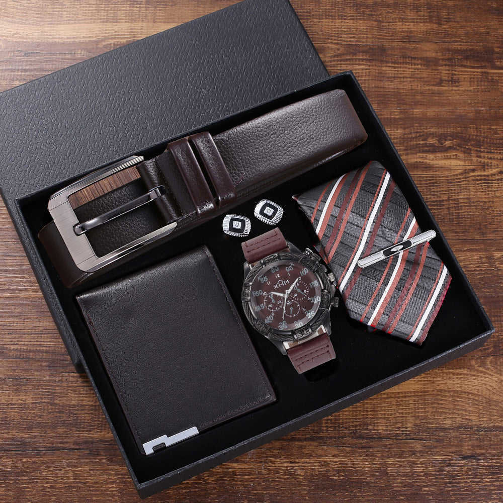 6pcs Set Boutique Gift Belt Wallet Tie Large Dial Quartz Watch Cufflinks